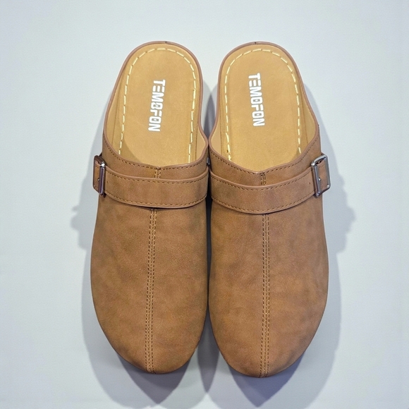 Temofon Shoes - Tan Clogs Slip-on Mules with Buckle Strap Detail EU Size 42 US 10 NEW W/Out Box